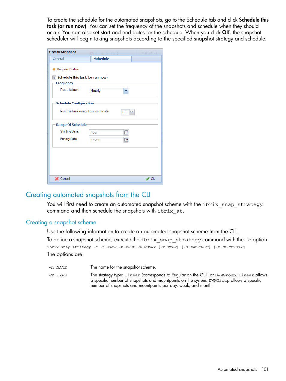 Creating automated snapshots from the cli, Creating a snapshot scheme | HP StoreAll Storage User Manual | Page 101 / 125