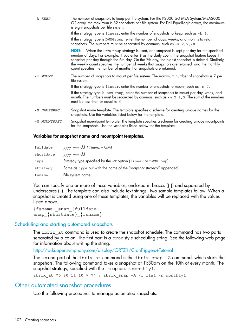 Scheduling and starting automated snapshots, Other automated snapshot procedures | HP StoreAll Storage User Manual | Page 102 / 125