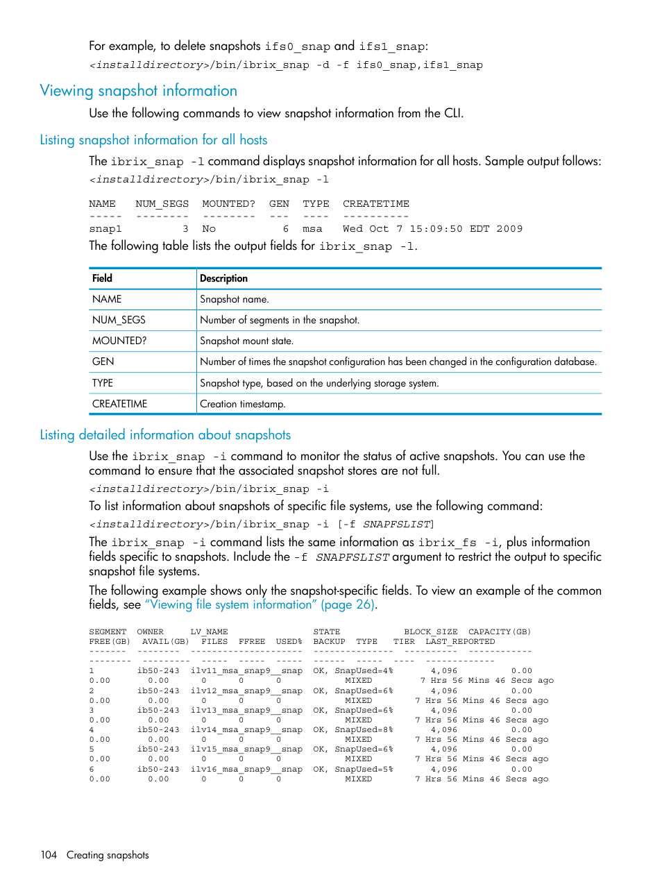 Viewing snapshot information, Listing snapshot information for all hosts, Listing detailed information about snapshots | HP StoreAll Storage User Manual | Page 104 / 125