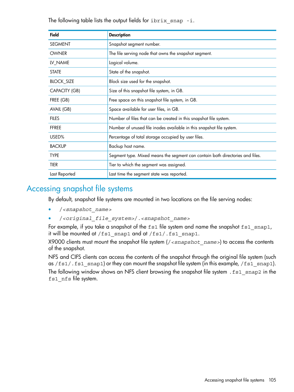 Accessing snapshot file systems | HP StoreAll Storage User Manual | Page 105 / 125