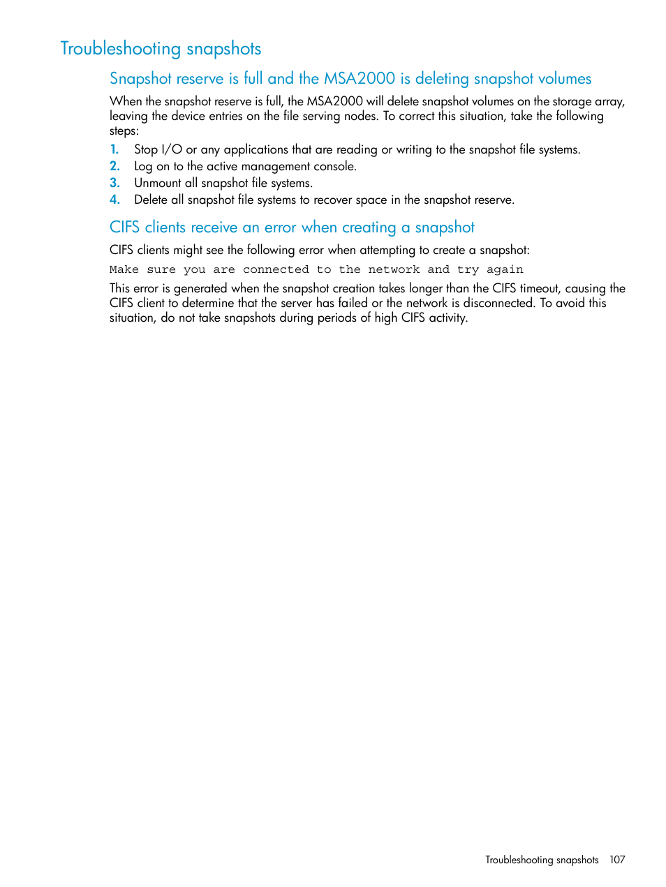 Troubleshooting snapshots | HP StoreAll Storage User Manual | Page 107 / 125