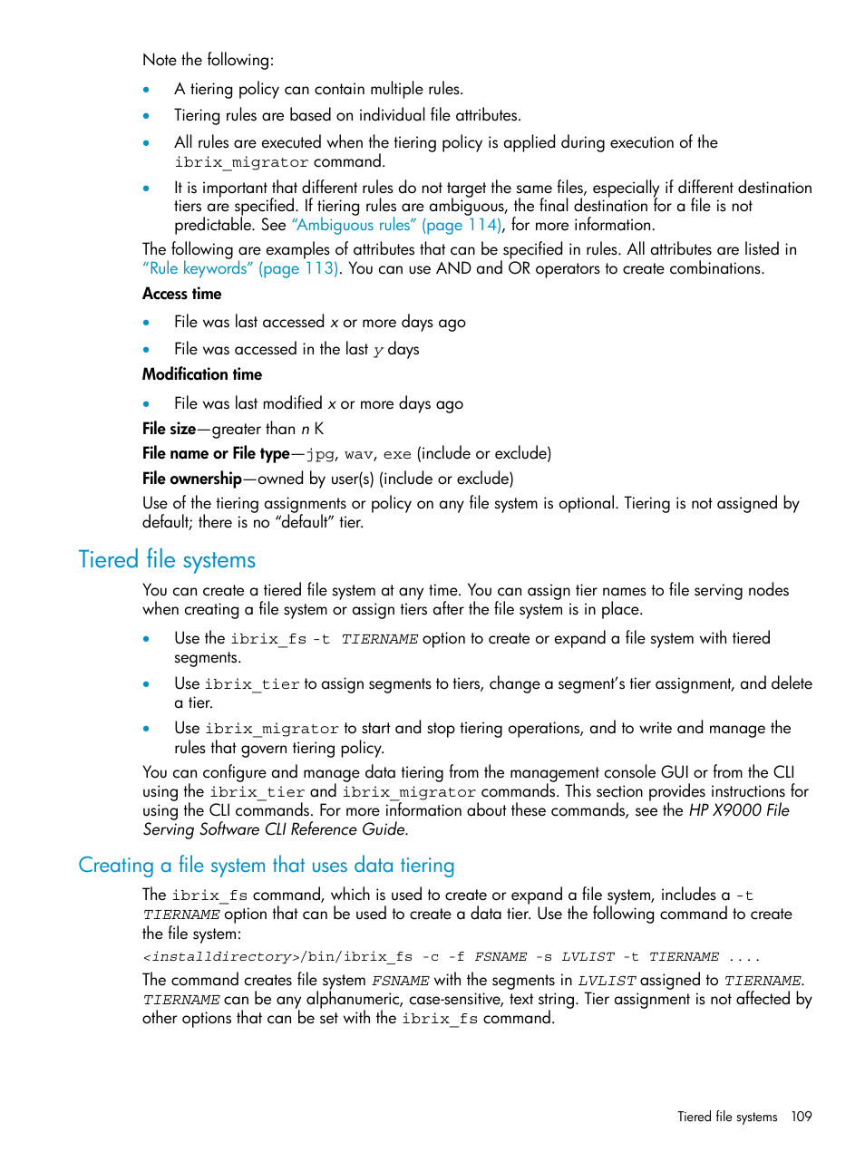 Tiered file systems, Creating a file system that uses data tiering | HP StoreAll Storage User Manual | Page 109 / 125