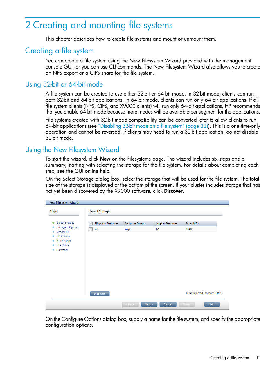 2 creating and mounting file systems, Creating a file system, Using 32-bit or 64-bit mode | Using the new filesystem wizard | HP StoreAll Storage User Manual | Page 11 / 125