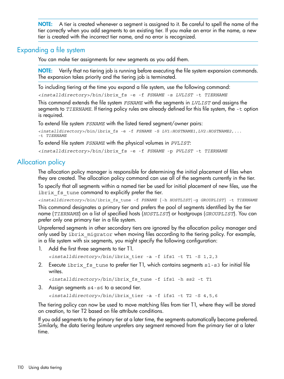 Expanding a file system, Allocation policy, Expanding a file system allocation policy | HP StoreAll Storage User Manual | Page 110 / 125