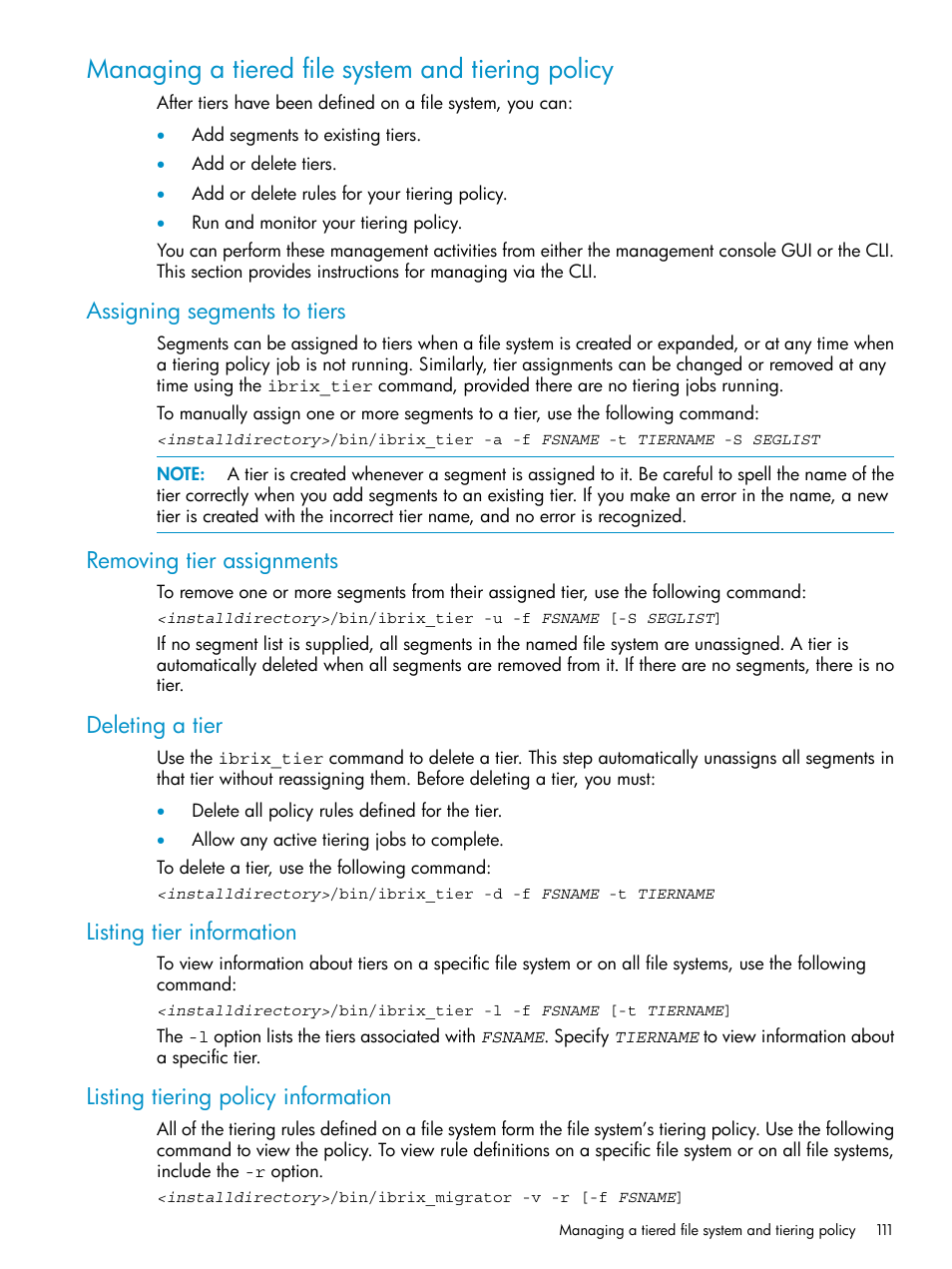 Managing a tiered file system and tiering policy, Assigning segments to tiers, Removing tier assignments | Deleting a tier, Listing tier information, Listing tiering policy information | HP StoreAll Storage User Manual | Page 111 / 125