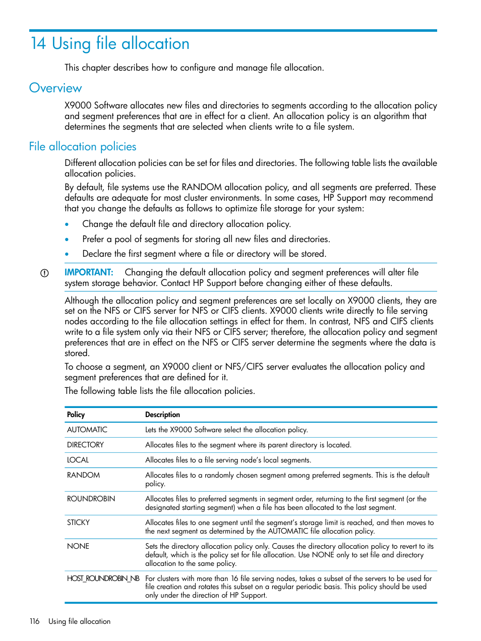 14 using file allocation, Overview, File allocation policies | HP StoreAll Storage User Manual | Page 116 / 125