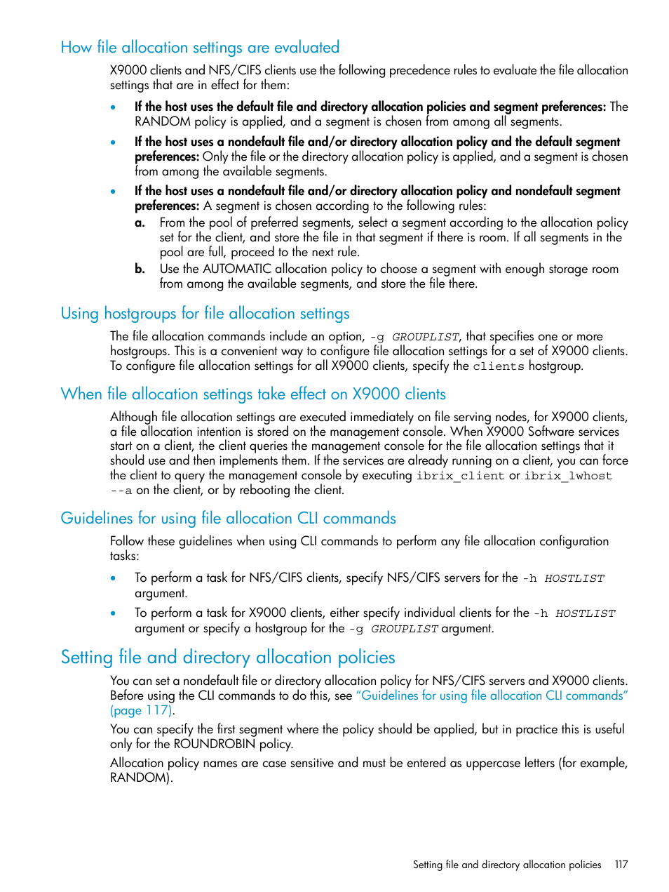 How file allocation settings are evaluated, Using hostgroups for file allocation settings, Guidelines for using file allocation cli commands | Setting file and directory allocation policies | HP StoreAll Storage User Manual | Page 117 / 125