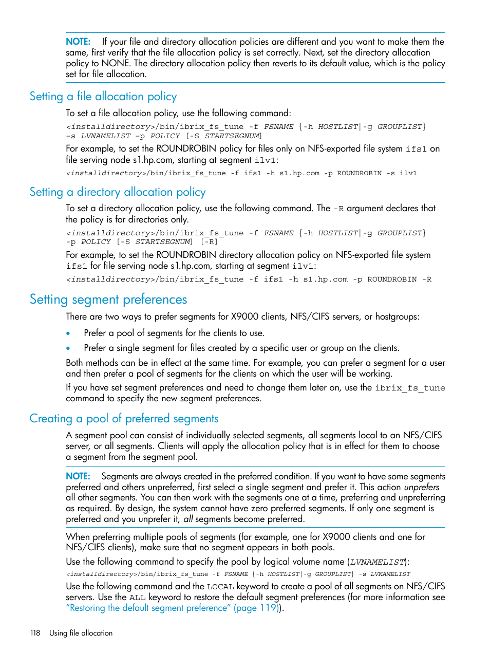 Setting a file allocation policy, Setting a directory allocation policy, Setting segment preferences | Creating a pool of preferred segments | HP StoreAll Storage User Manual | Page 118 / 125