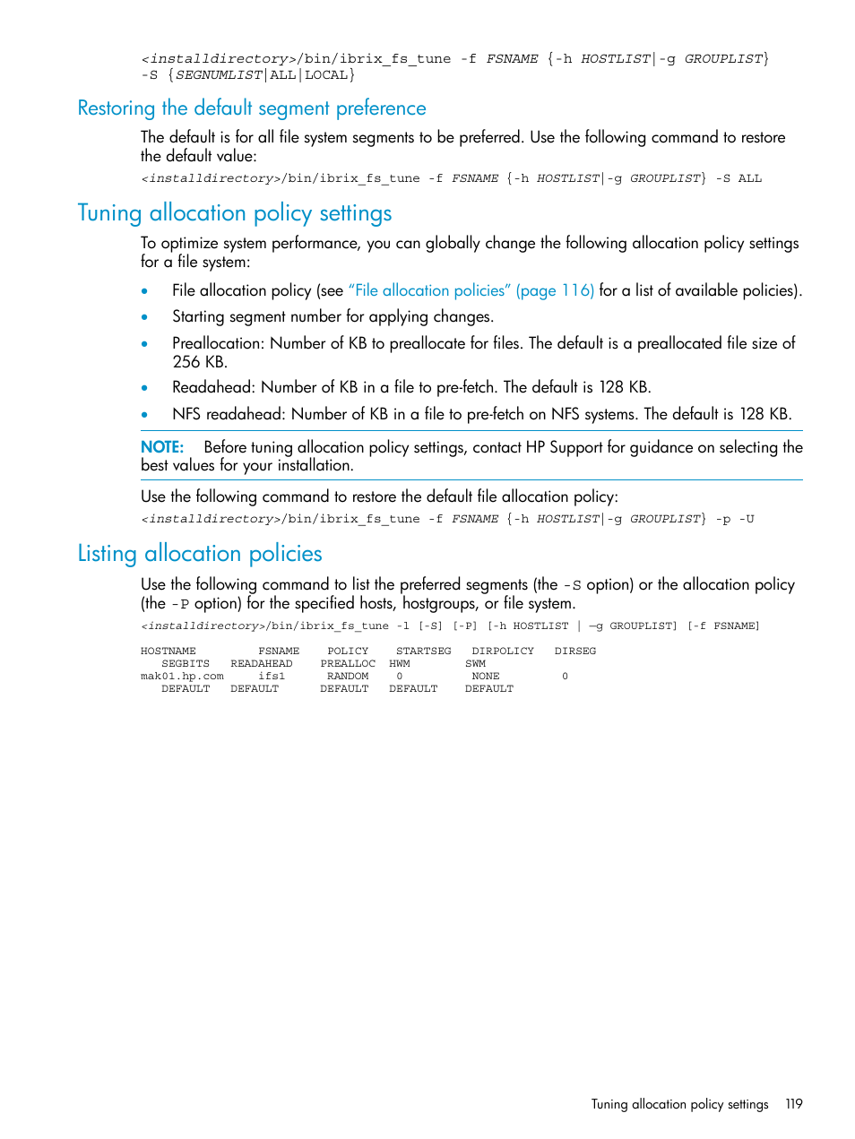 Restoring the default segment preference, Tuning allocation policy settings, Listing allocation policies | HP StoreAll Storage User Manual | Page 119 / 125