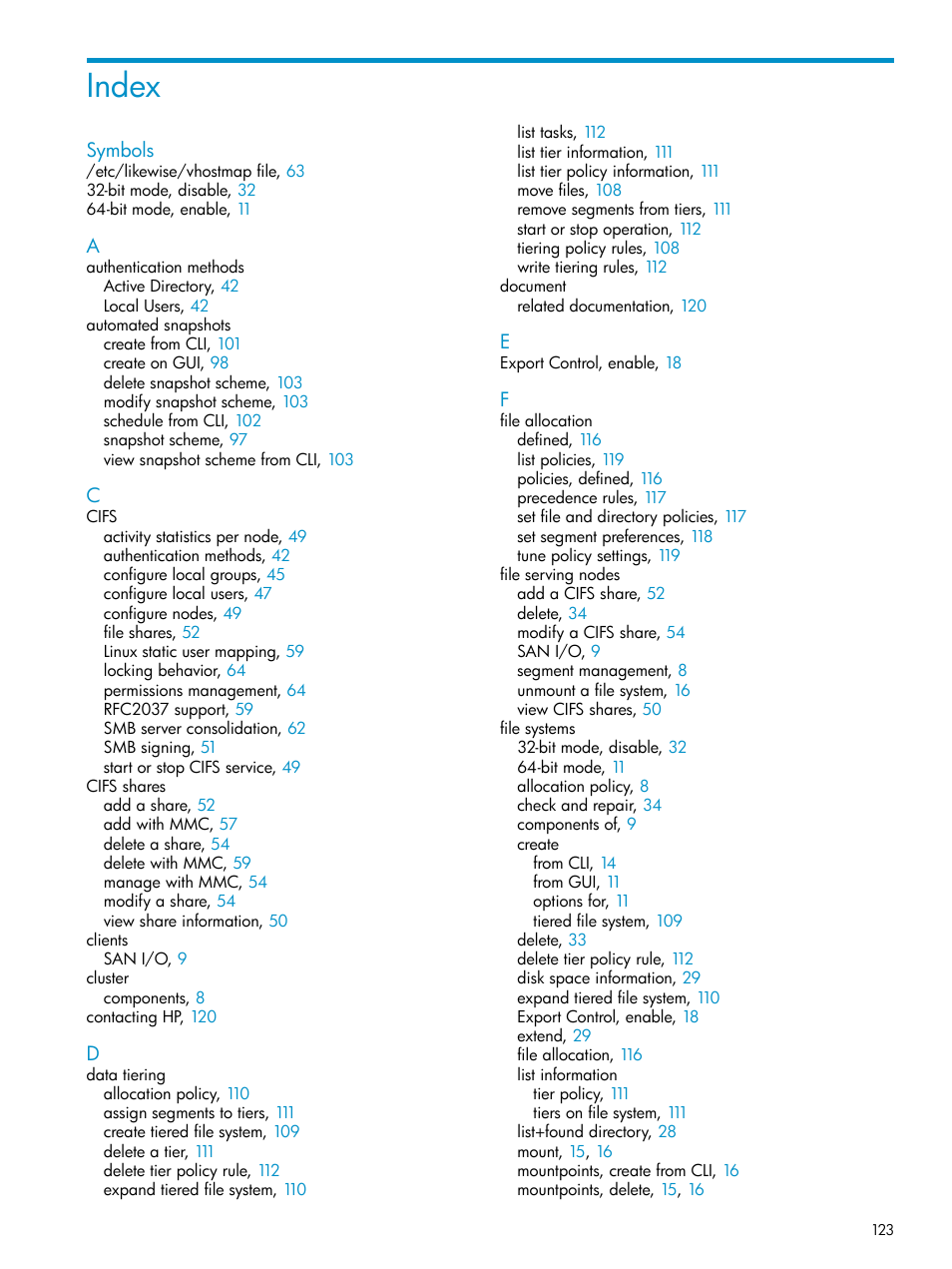 Index | HP StoreAll Storage User Manual | Page 123 / 125