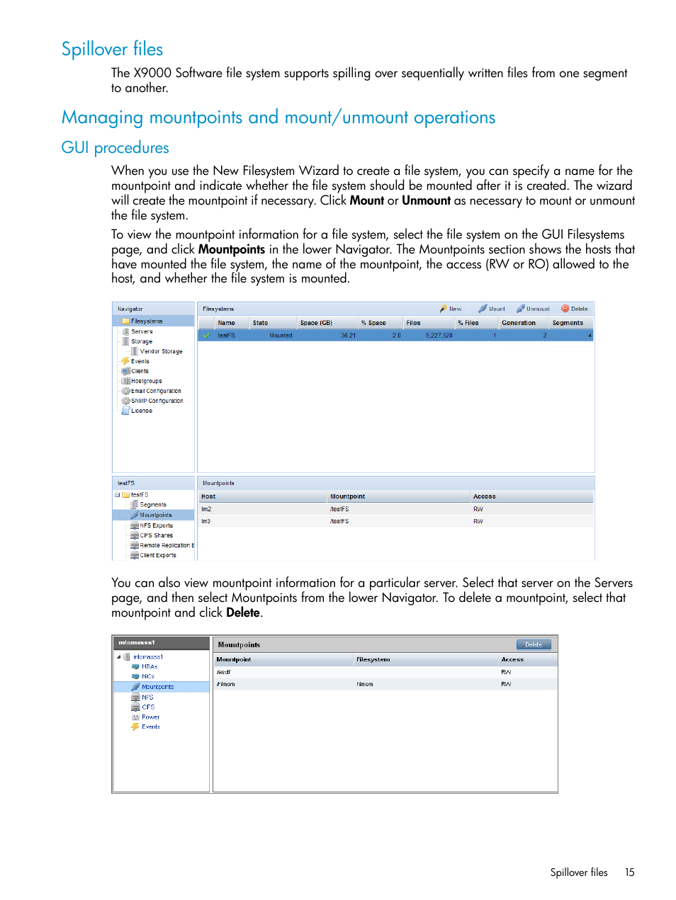 Spillover files, Managing mountpoints and mount/unmount operations, Gui procedures | HP StoreAll Storage User Manual | Page 15 / 125