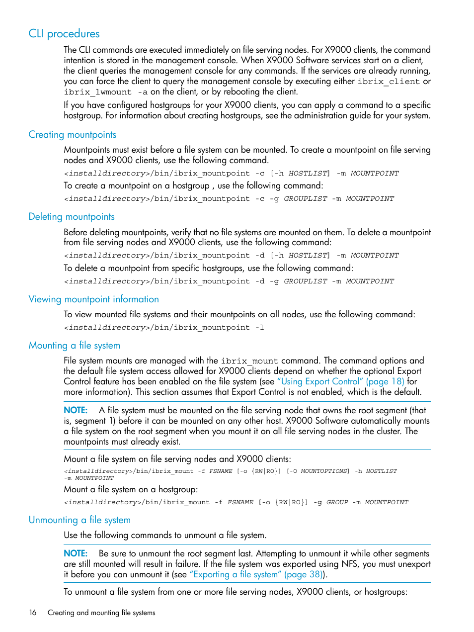 Cli procedures, Creating mountpoints, Deleting mountpoints | Viewing mountpoint information, Mounting a file system, Unmounting a file system | HP StoreAll Storage User Manual | Page 16 / 125