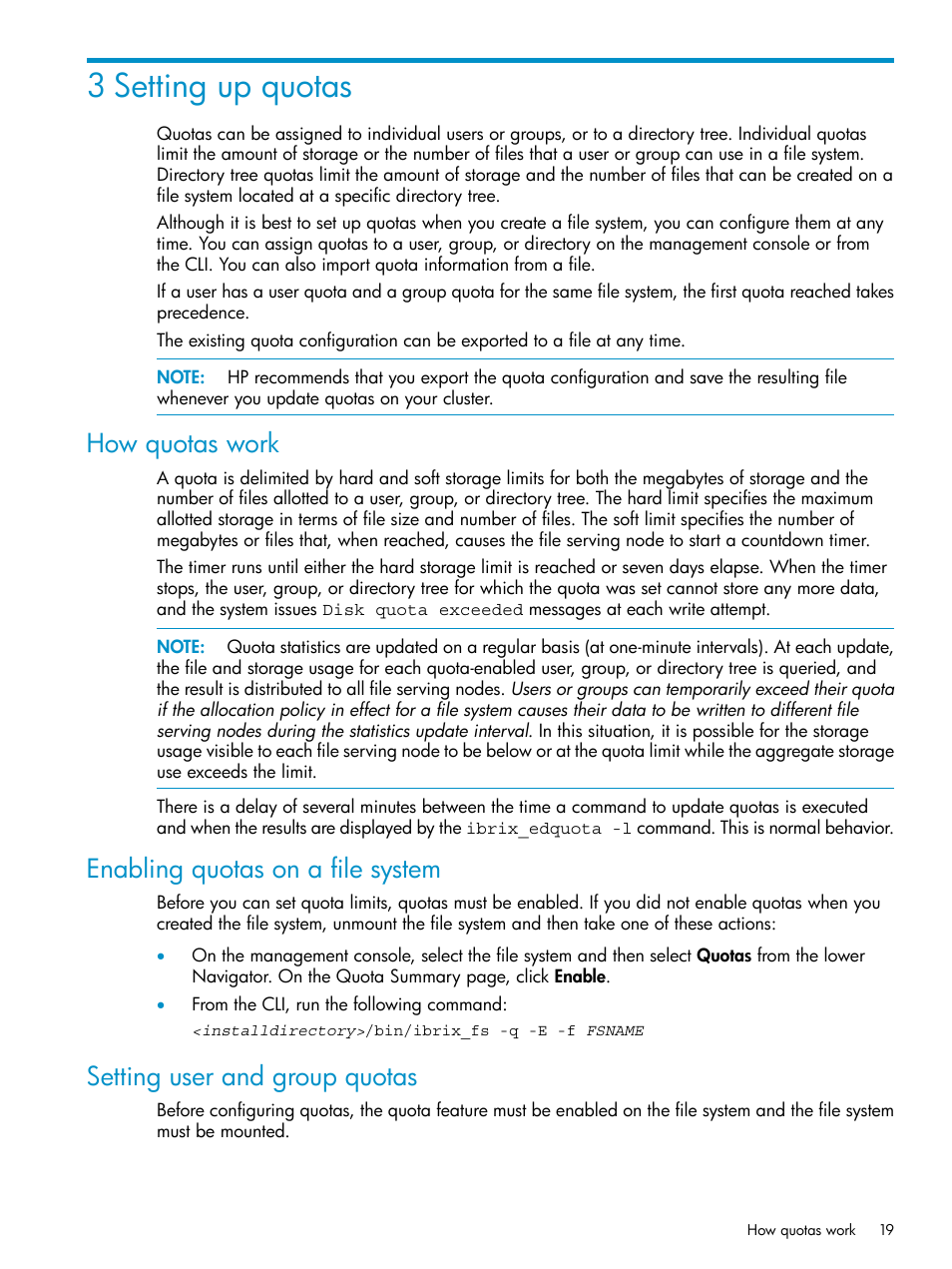 3 setting up quotas, How quotas work, Enabling quotas on a file system | Setting user and group quotas, Setting up | HP StoreAll Storage User Manual | Page 19 / 125