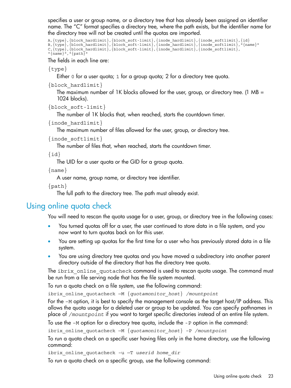 Using online quota check | HP StoreAll Storage User Manual | Page 23 / 125