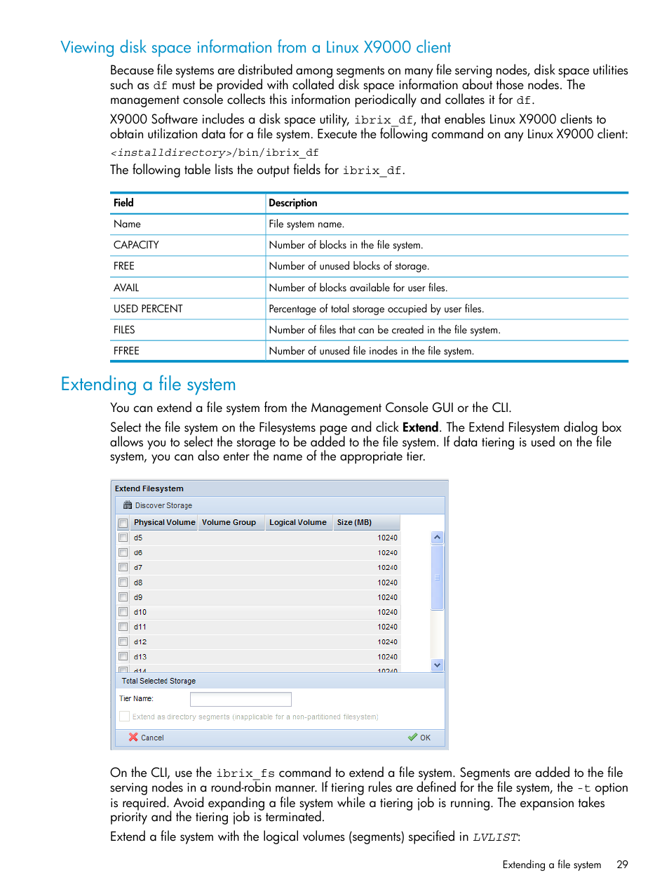 Extending a file system | HP StoreAll Storage User Manual | Page 29 / 125