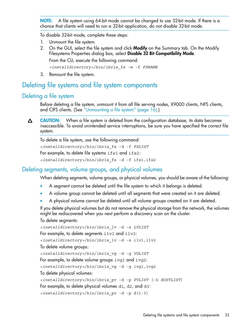 Deleting file systems and file system components, Deleting a file system | HP StoreAll Storage User Manual | Page 33 / 125