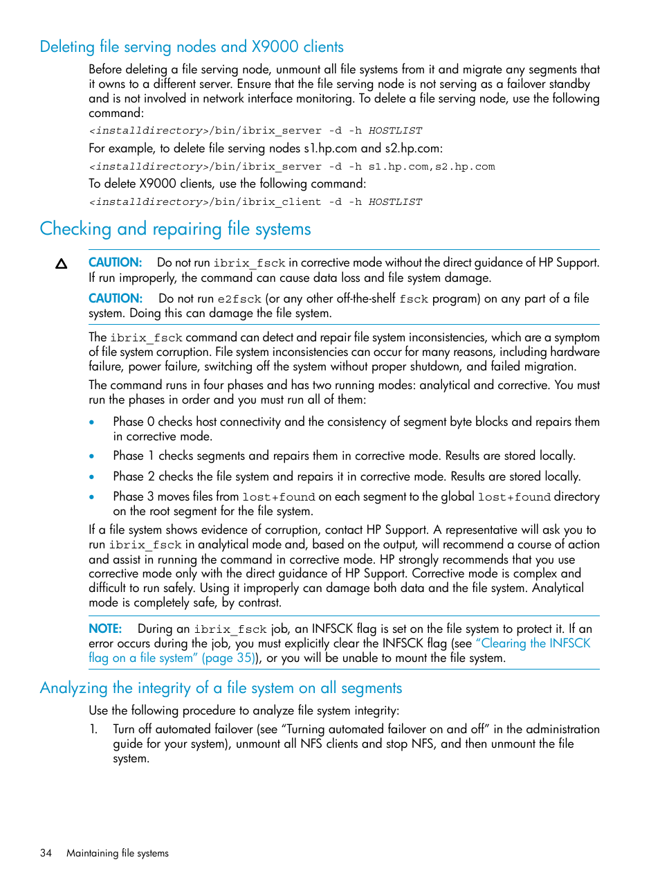 Deleting file serving nodes and x9000 clients, Checking and repairing file systems | HP StoreAll Storage User Manual | Page 34 / 125