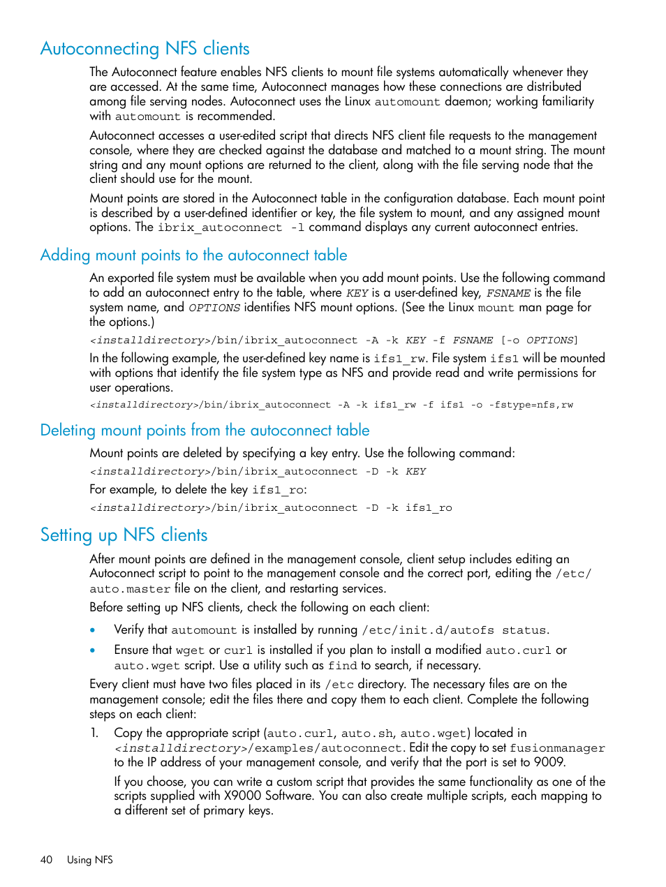 Autoconnecting nfs clients, Adding mount points to the autoconnect table, Deleting mount points from the autoconnect table | Setting up nfs clients | HP StoreAll Storage User Manual | Page 40 / 125