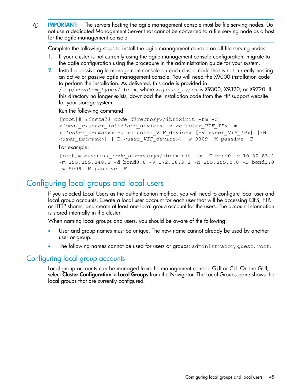 Configuring local groups and local users, Configuring local group accounts | HP StoreAll Storage User Manual | Page 45 / 125