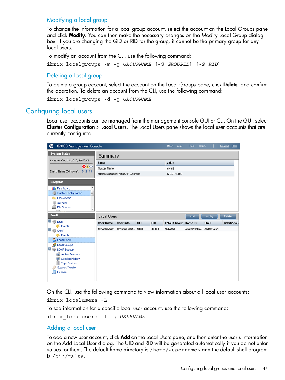 Configuring local users | HP StoreAll Storage User Manual | Page 47 / 125