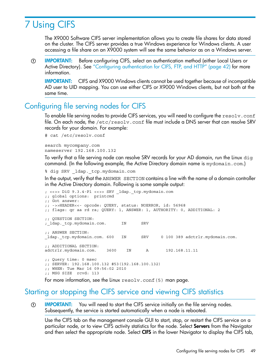 7 using cifs, Configuring file serving nodes for cifs | HP StoreAll Storage User Manual | Page 49 / 125