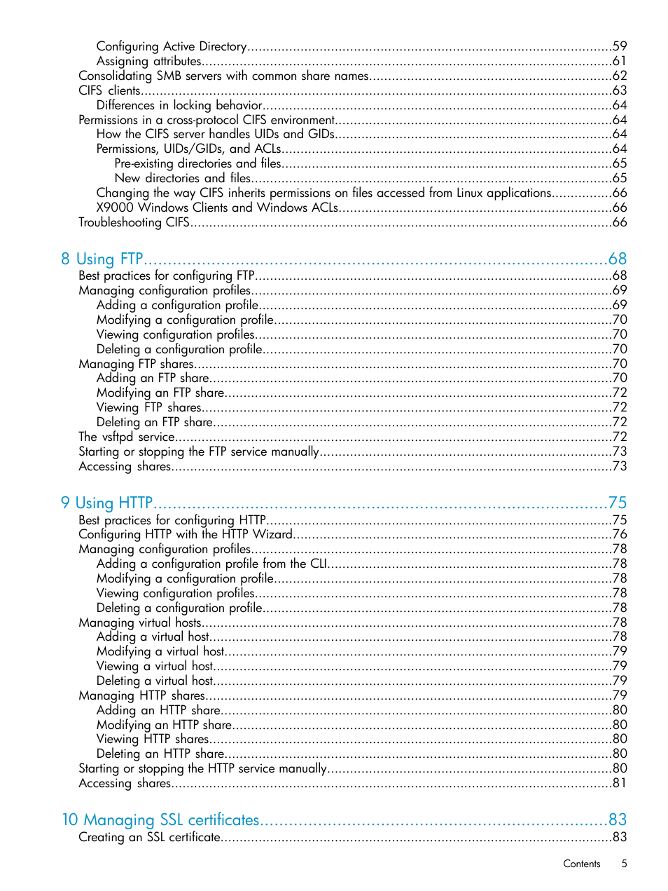 8 using ftp, 10 managing ssl certificates | HP StoreAll Storage User Manual | Page 5 / 125