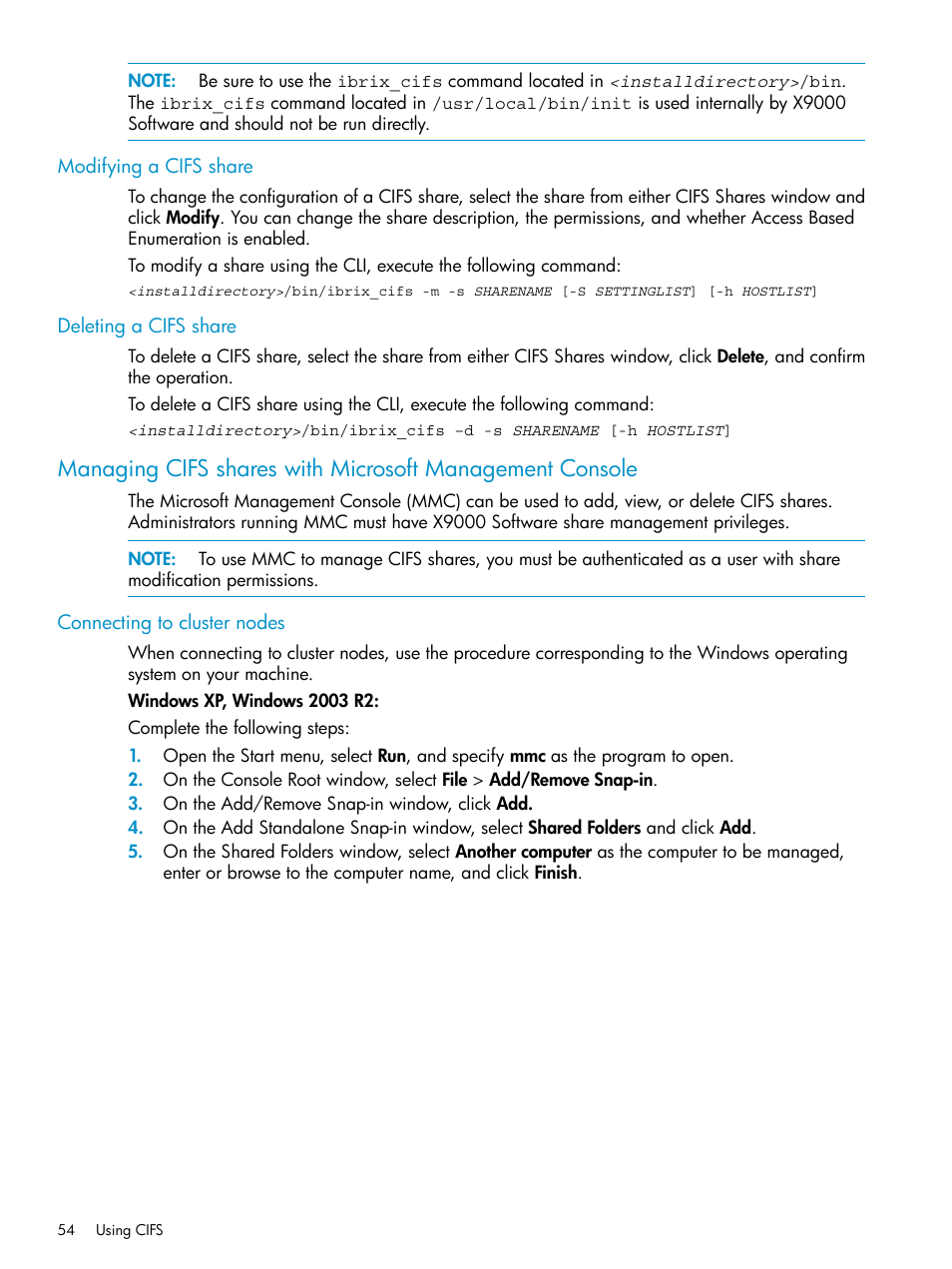 Modifying a cifs share, Deleting a cifs share, Connecting to cluster nodes | Modifying a cifs share deleting a cifs share | HP StoreAll Storage User Manual | Page 54 / 125