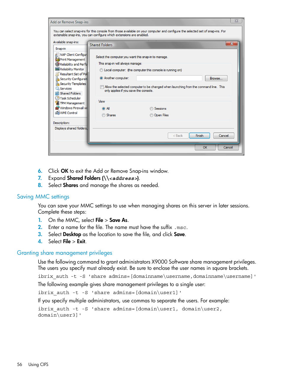 Saving mmc settings, Granting share management privileges | HP StoreAll Storage User Manual | Page 56 / 125