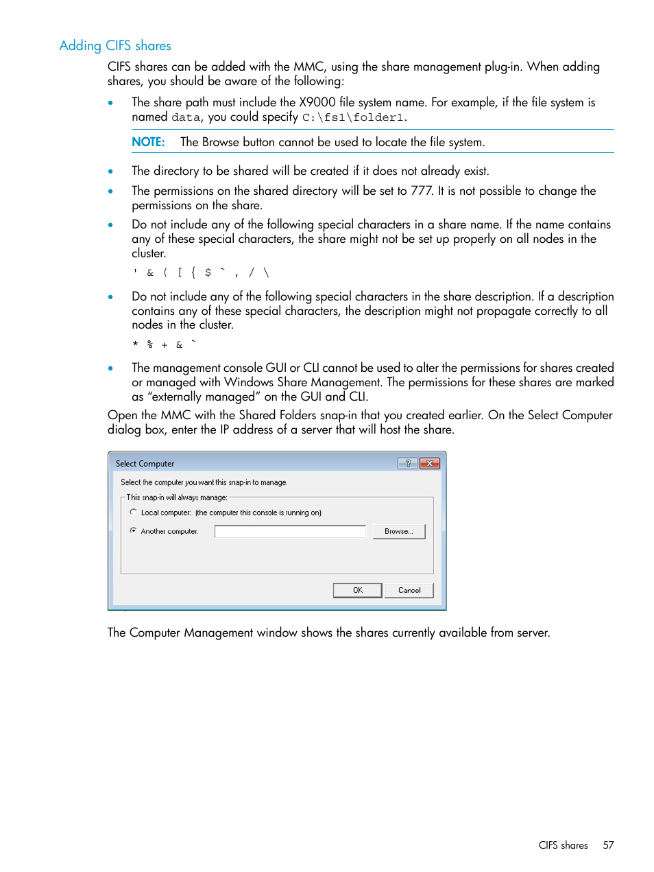 Adding cifs shares | HP StoreAll Storage User Manual | Page 57 / 125