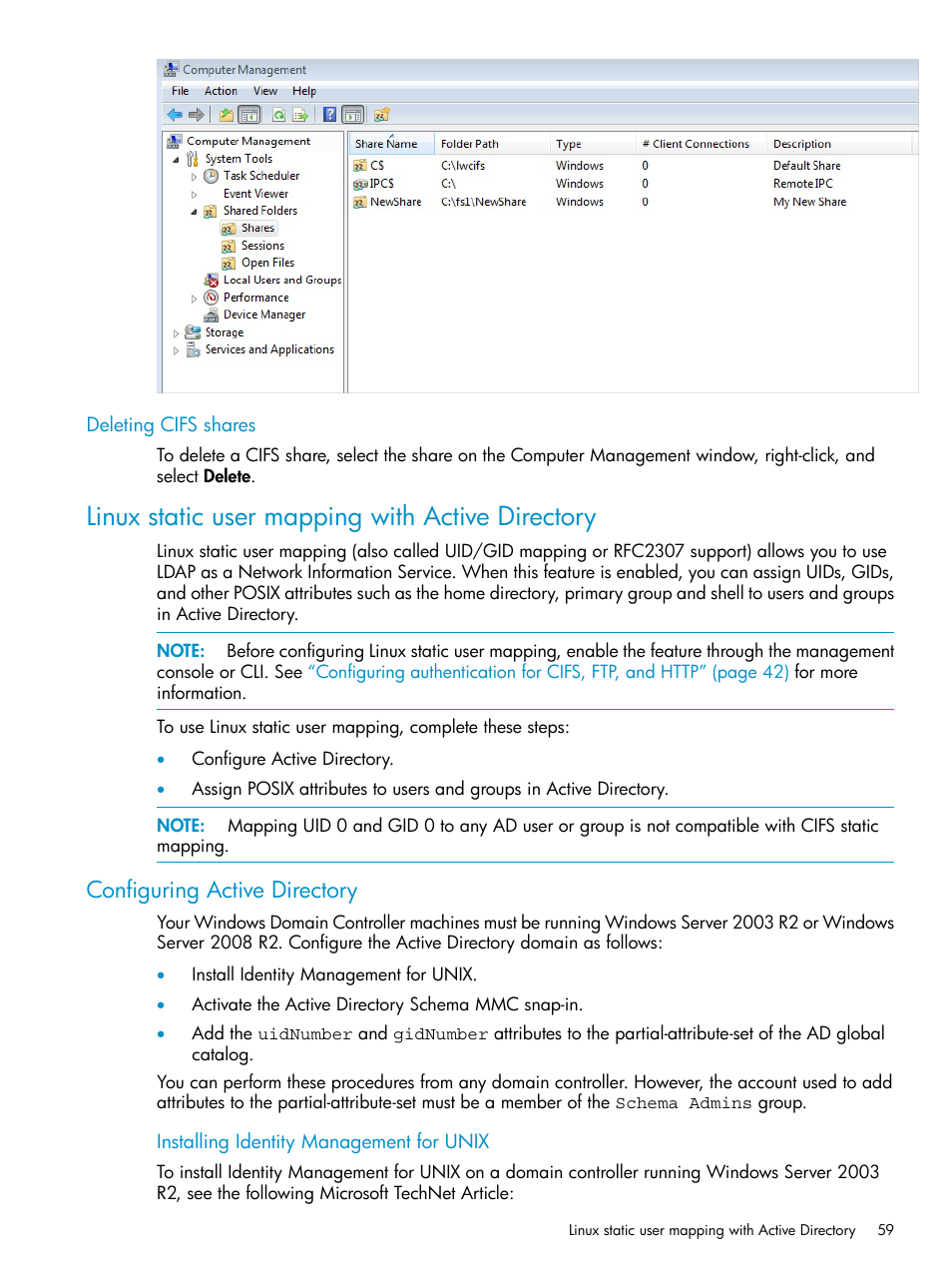 Deleting cifs shares, Linux static user mapping with active directory, Configuring active directory | HP StoreAll Storage User Manual | Page 59 / 125