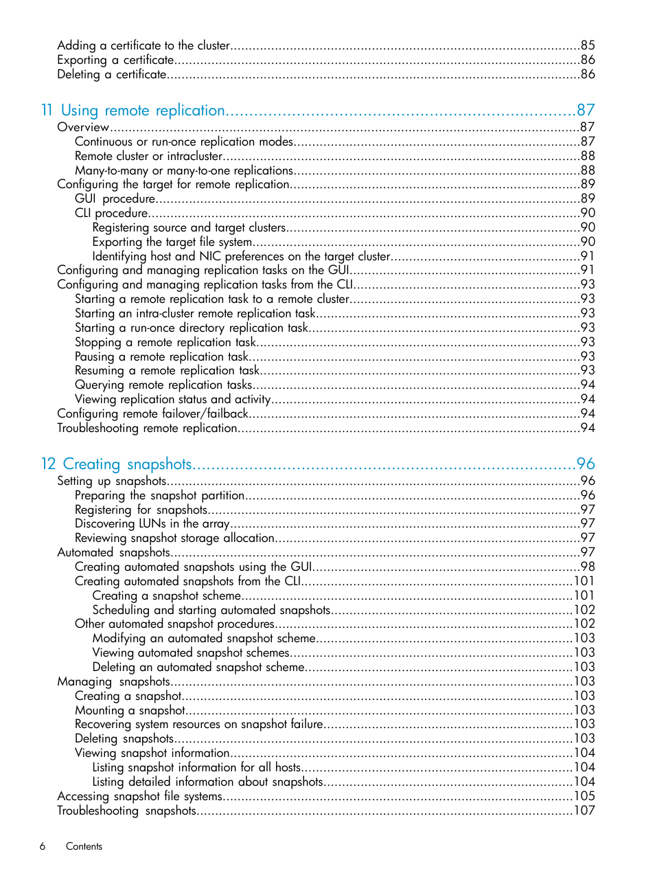 11 using remote replication, 12 creating snapshots | HP StoreAll Storage User Manual | Page 6 / 125