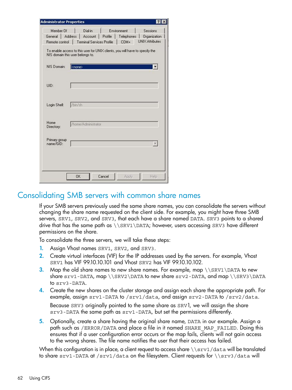 Consolidating smb servers with common share names | HP StoreAll Storage User Manual | Page 62 / 125