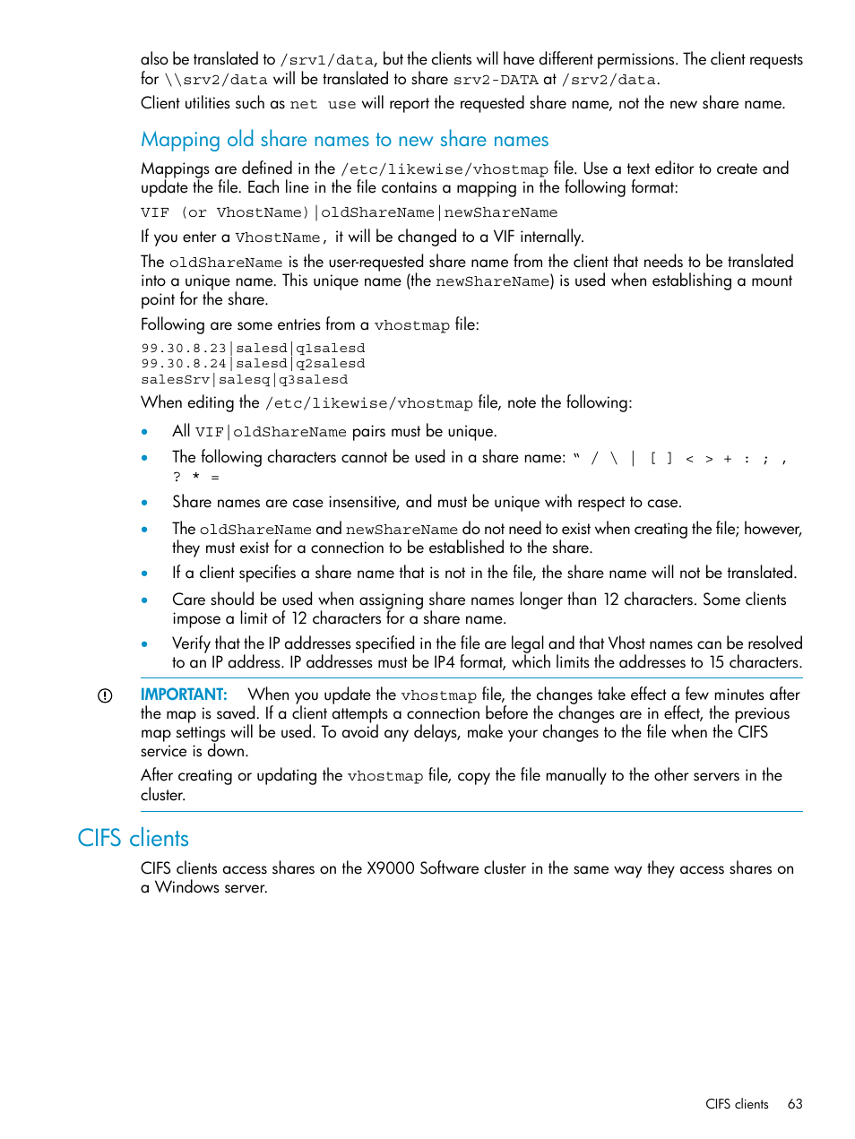 Cifs clients, Mapping old share names to new share names | HP StoreAll Storage User Manual | Page 63 / 125