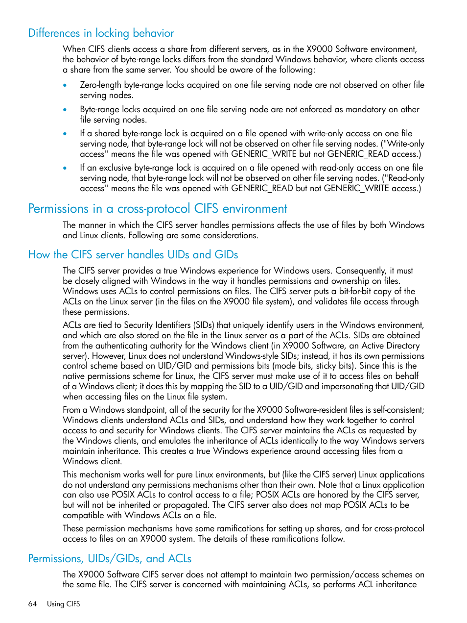 Differences in locking behavior, Permissions in a cross-protocol cifs environment, How the cifs server handles uids and gids | Permissions, uids/gids, and acls | HP StoreAll Storage User Manual | Page 64 / 125