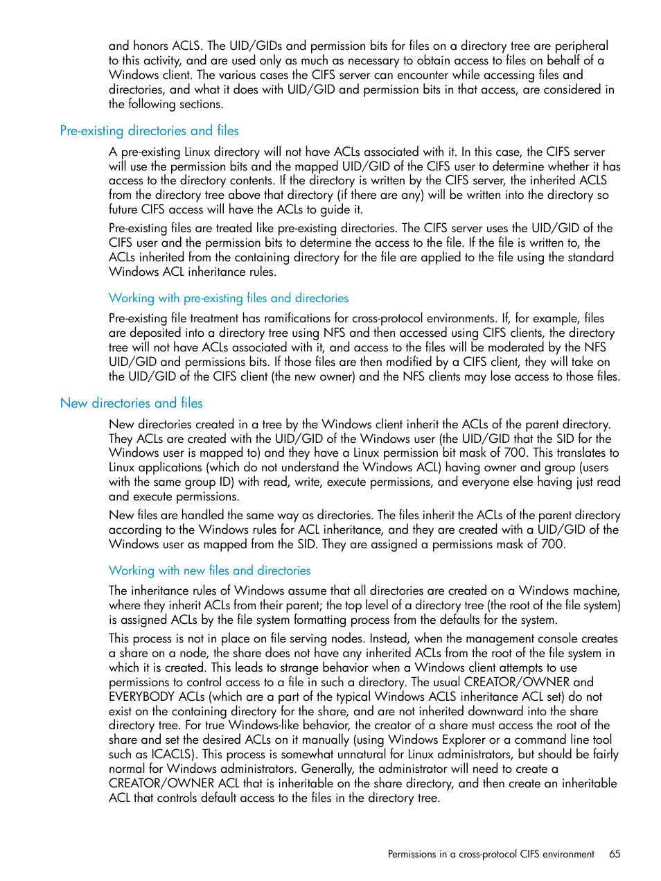 Pre-existing directories and files, New directories and files | HP StoreAll Storage User Manual | Page 65 / 125