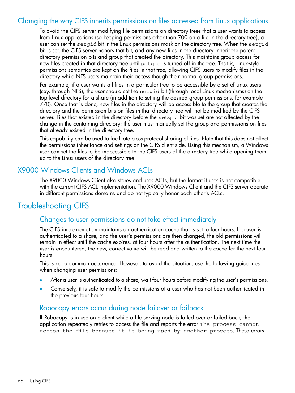 X9000 windows clients and windows acls, Troubleshooting cifs | HP StoreAll Storage User Manual | Page 66 / 125