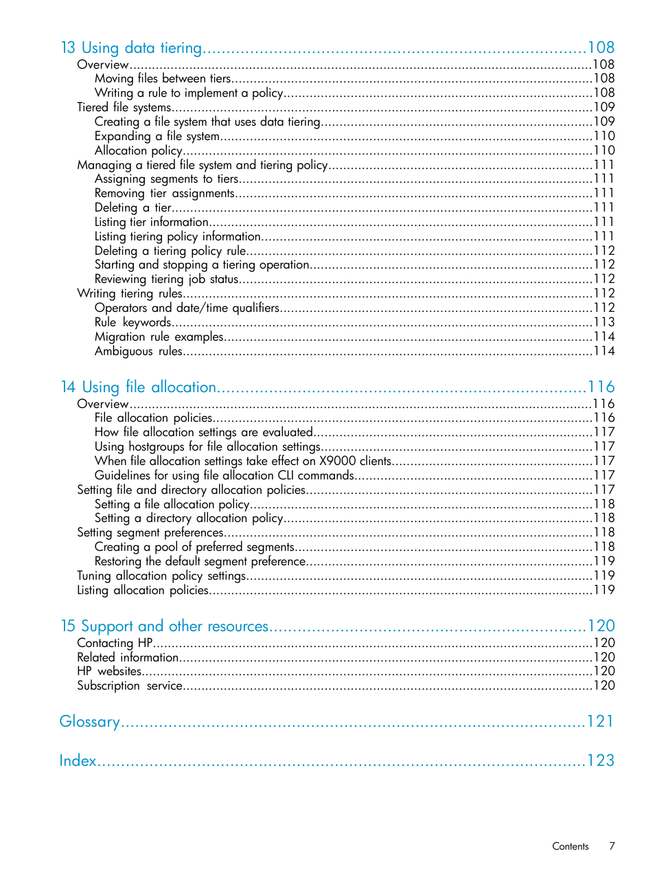 13 using data tiering, 14 using file allocation, 15 support and other resources | Glossary index | HP StoreAll Storage User Manual | Page 7 / 125