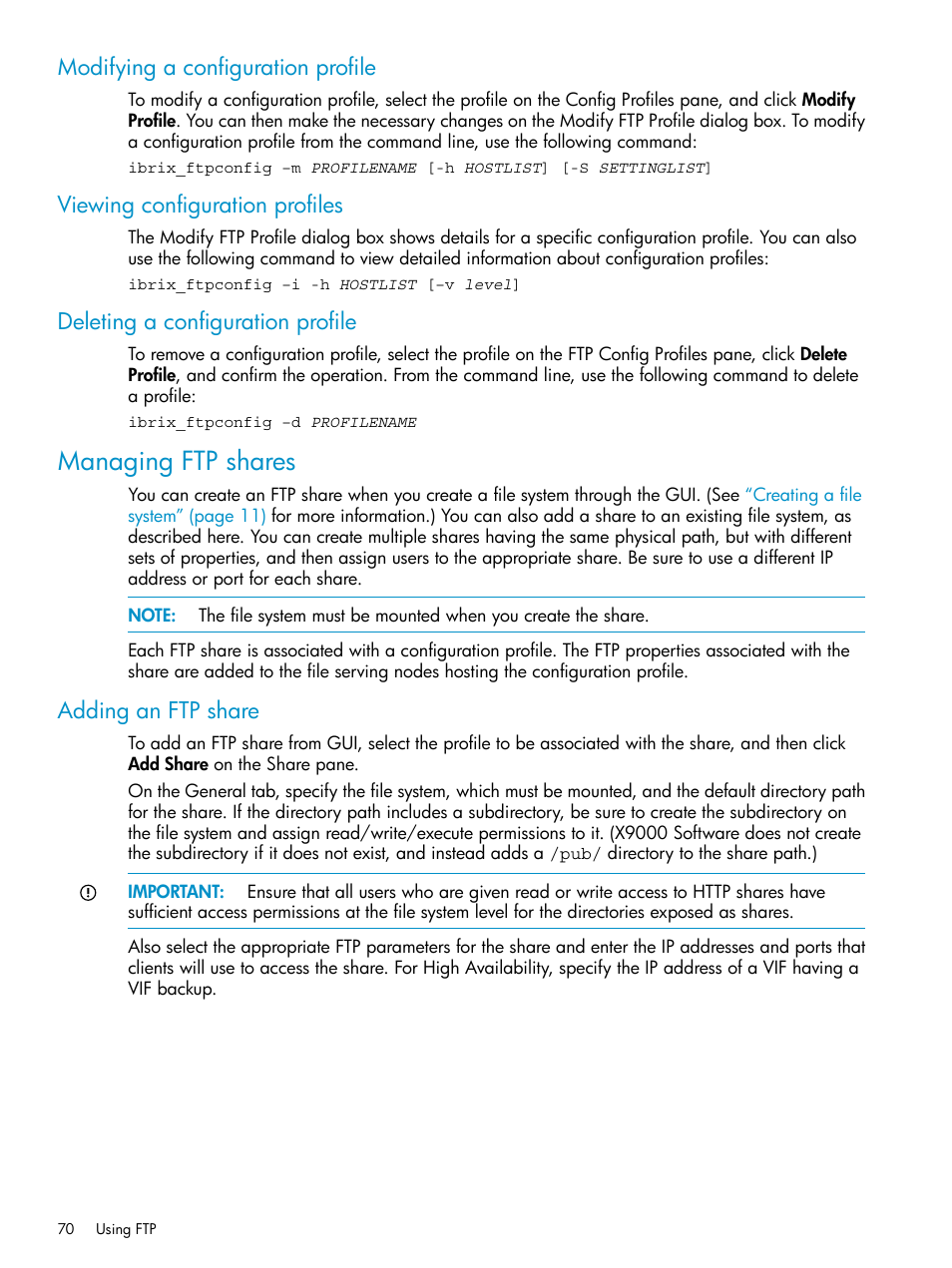 Modifying a configuration profile, Viewing configuration profiles, Deleting a configuration profile | Managing ftp shares, Adding an ftp share | HP StoreAll Storage User Manual | Page 70 / 125