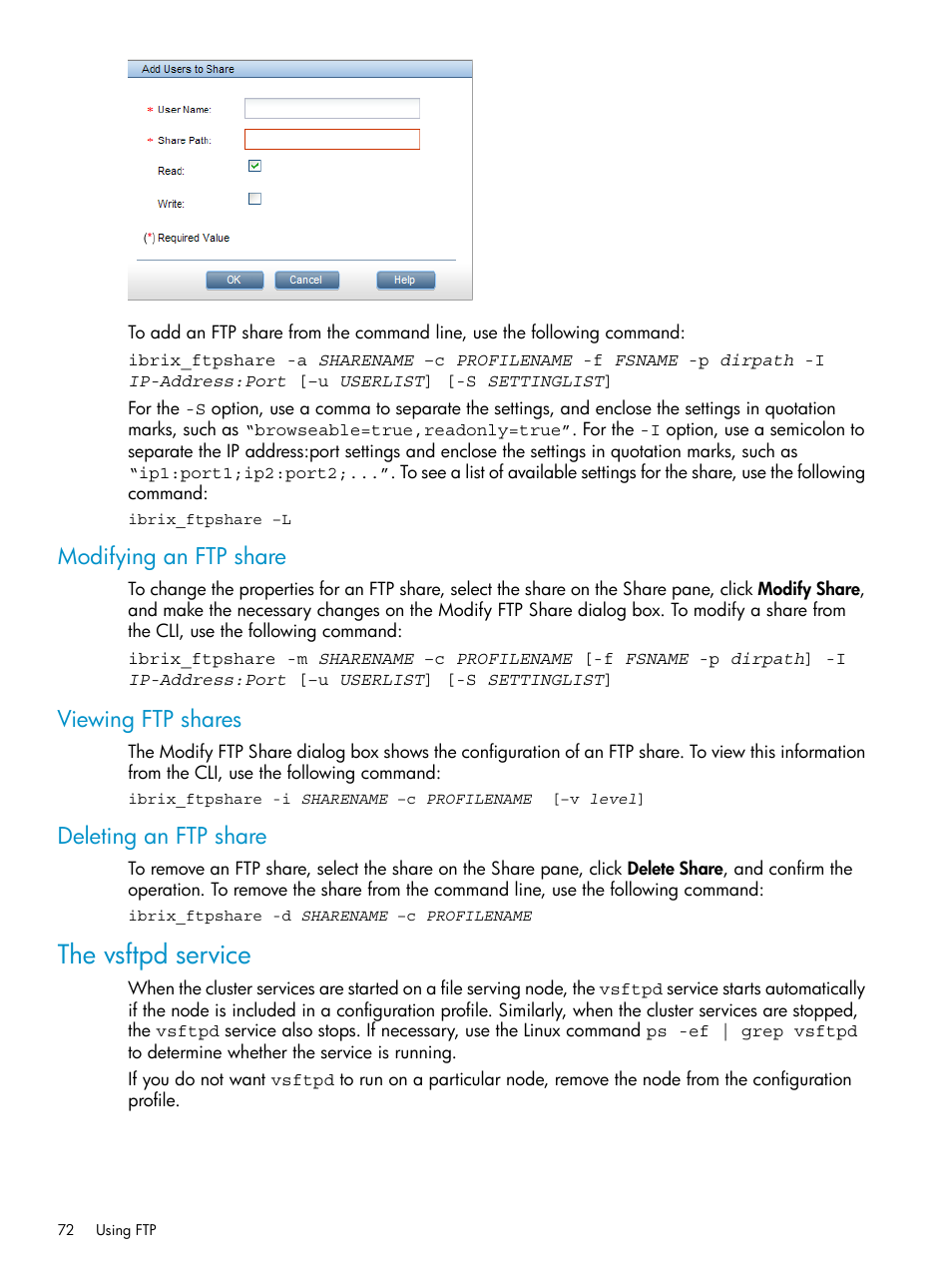 Modifying an ftp share, Viewing ftp shares, Deleting an ftp share | The vsftpd service | HP StoreAll Storage User Manual | Page 72 / 125