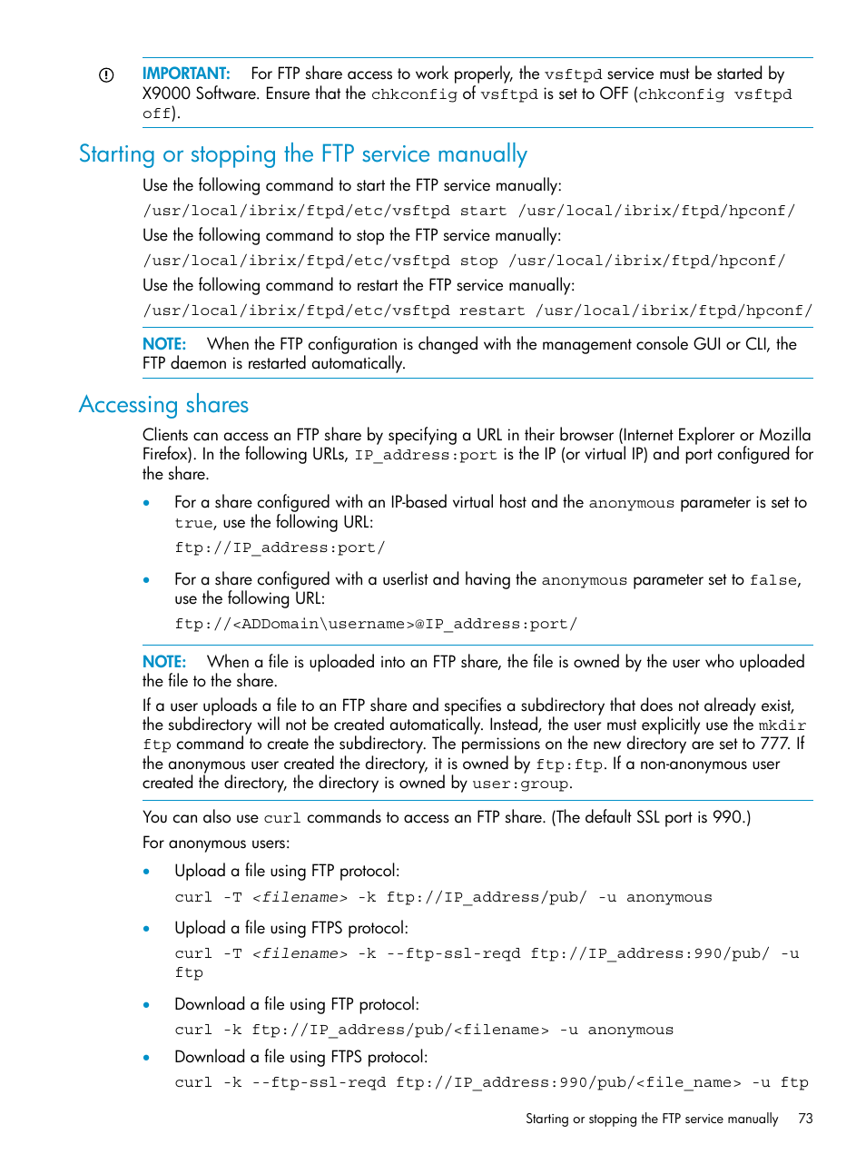 Starting or stopping the ftp service manually, Accessing shares | HP StoreAll Storage User Manual | Page 73 / 125