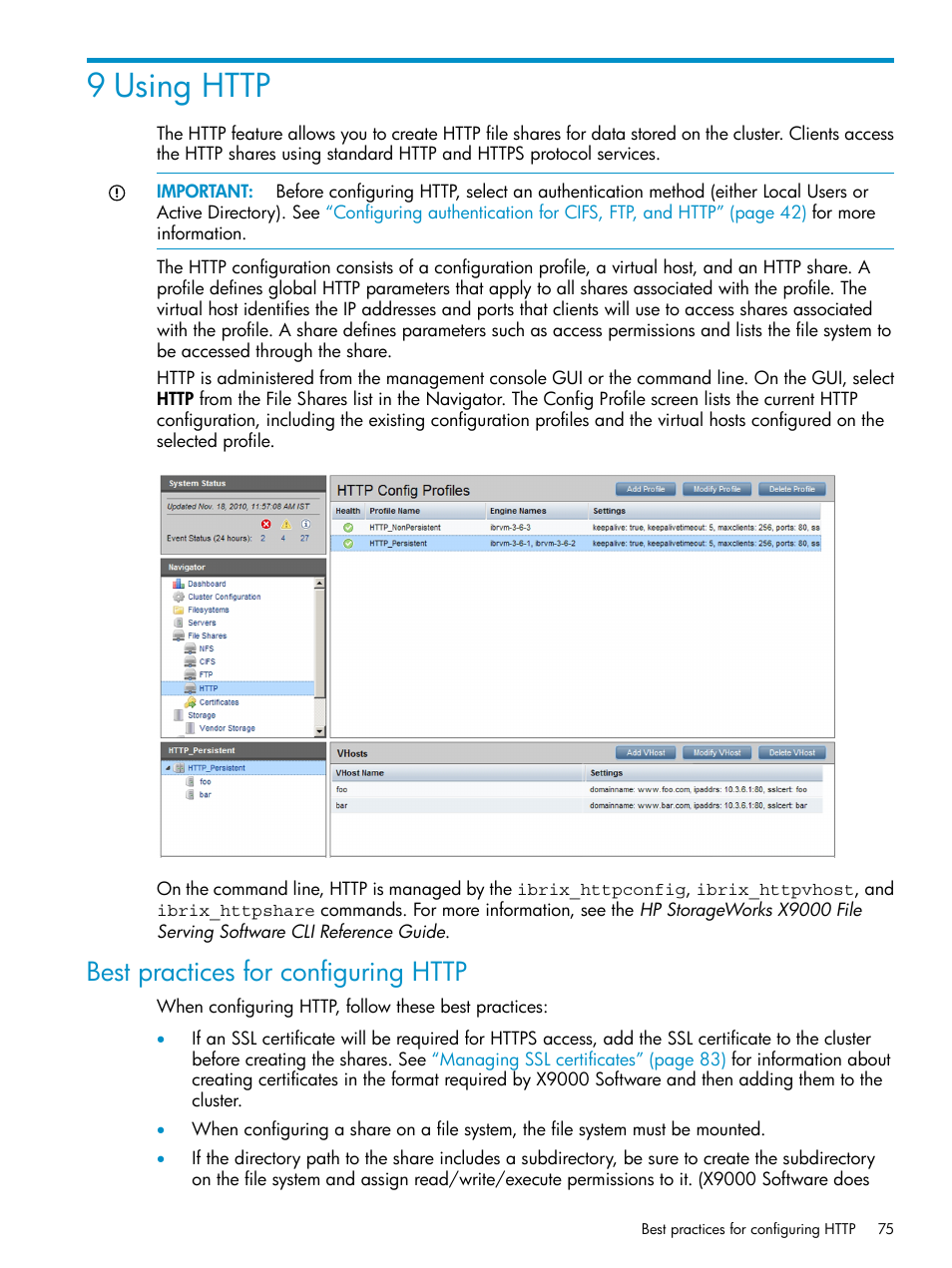 9 using http, Best practices for configuring http, Using | HP StoreAll Storage User Manual | Page 75 / 125