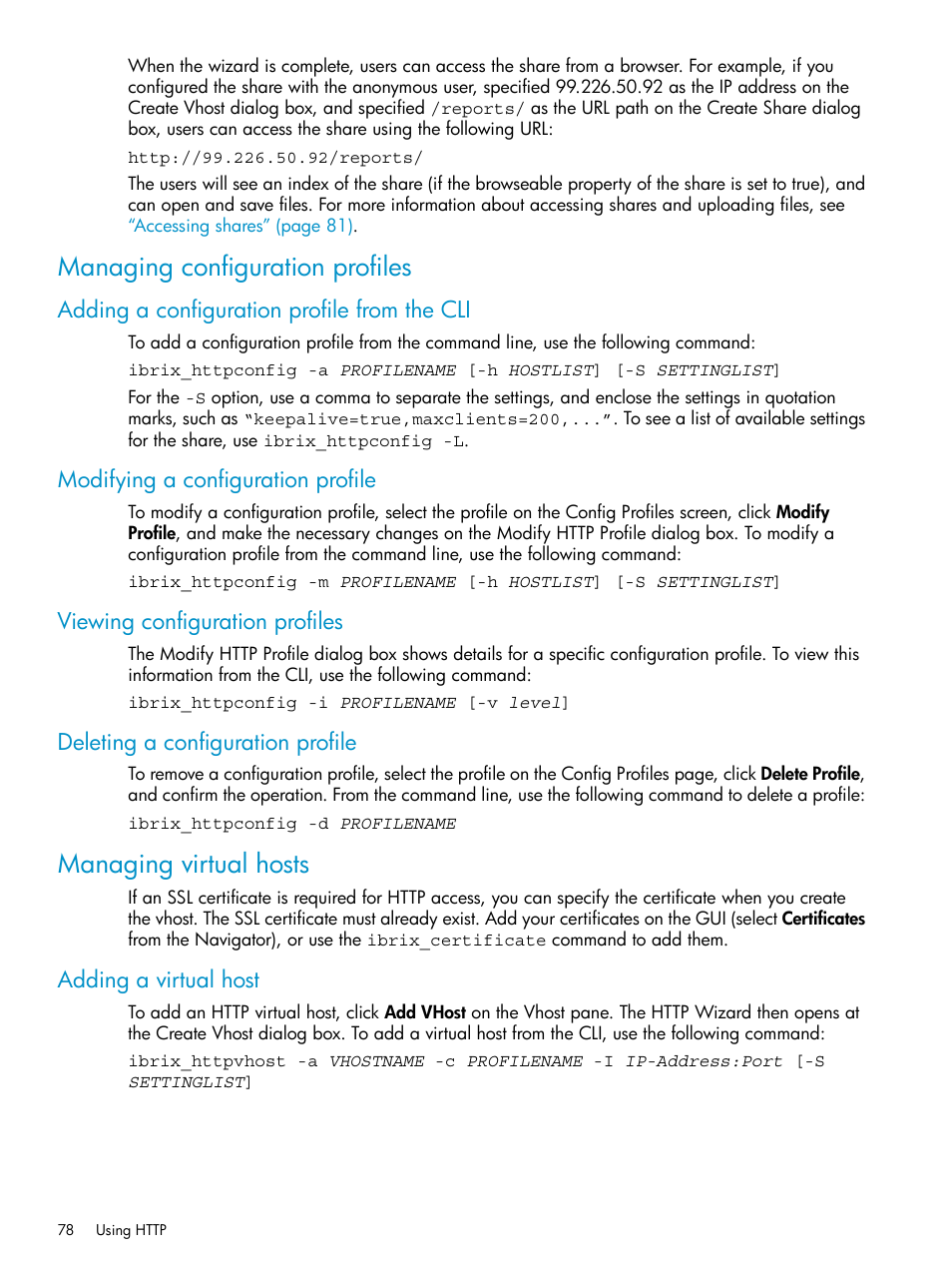 Managing configuration profiles, Adding a configuration profile from the cli, Modifying a configuration profile | Viewing configuration profiles, Deleting a configuration profile, Managing virtual hosts, Adding a virtual host | HP StoreAll Storage User Manual | Page 78 / 125