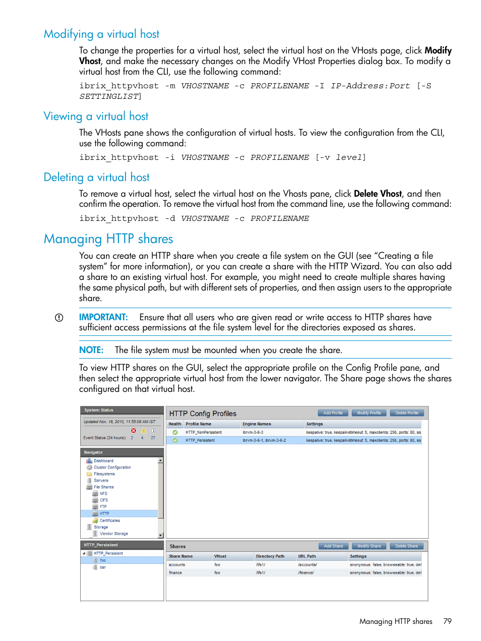 Modifying a virtual host, Viewing a virtual host, Deleting a virtual host | Managing http shares | HP StoreAll Storage User Manual | Page 79 / 125