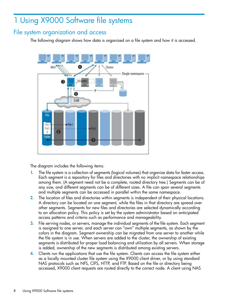 1 using x9000 software file systems, File system organization and access | HP StoreAll Storage User Manual | Page 8 / 125