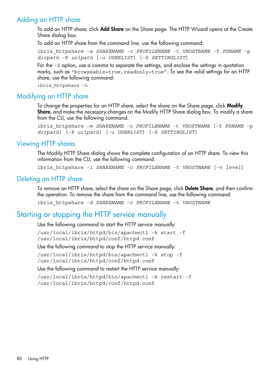 Adding an http share, Modifying an http share, Viewing http shares | Deleting an http share, Starting or stopping the http service manually | HP StoreAll Storage User Manual | Page 80 / 125
