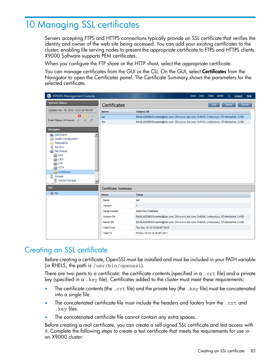 10 managing ssl certificates, Creating an ssl certificate | HP StoreAll Storage User Manual | Page 83 / 125