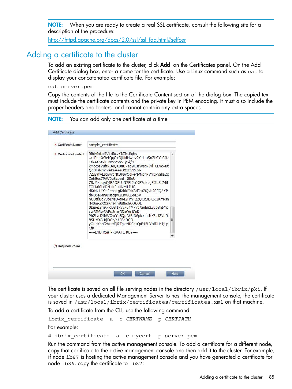 Adding a certificate to the cluster | HP StoreAll Storage User Manual | Page 85 / 125