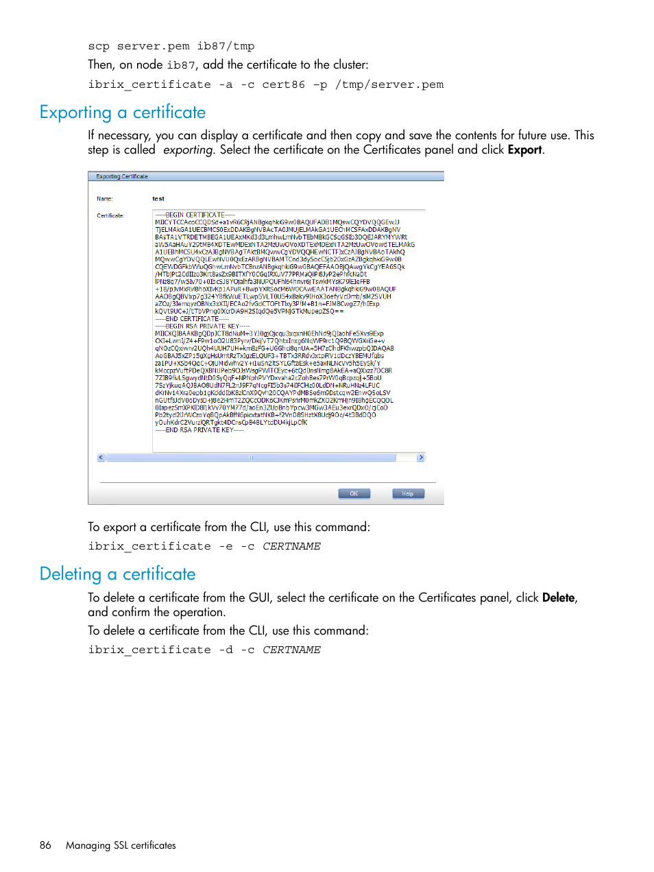 Exporting a certificate, Deleting a certificate, Exporting a certificate deleting a certificate | HP StoreAll Storage User Manual | Page 86 / 125