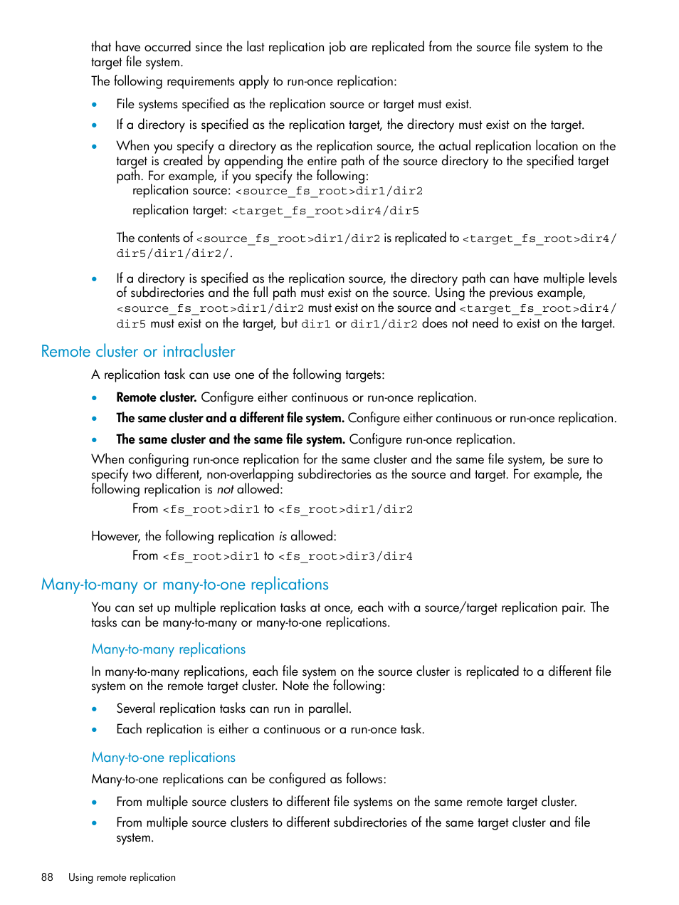 Remote cluster or intracluster, Many-to-many or many-to-one replications | HP StoreAll Storage User Manual | Page 88 / 125