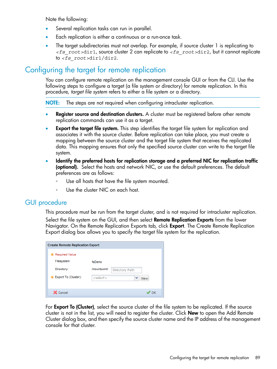 Configuring the target for remote replication, Gui procedure | HP StoreAll Storage User Manual | Page 89 / 125